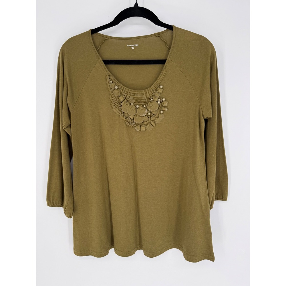 GARNET HILL OLIVE GREEN 3/4 SLEEVE TOP SMALL EMBELLISHED SCOOP NECK